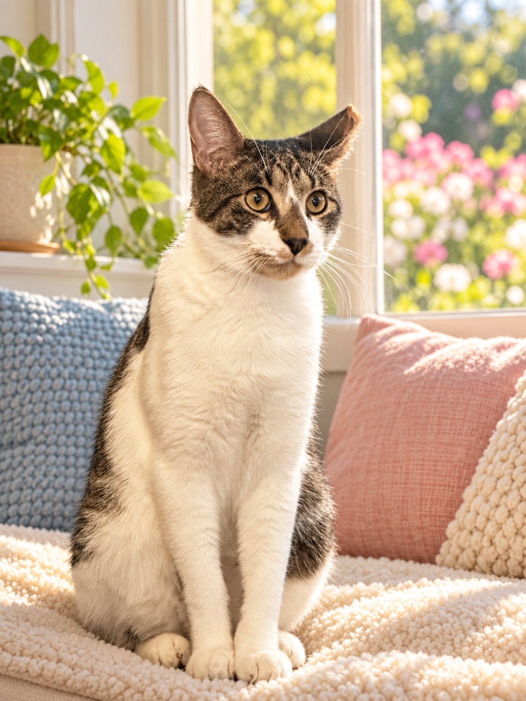 A tabby and white cat sitting on a sunny window seat